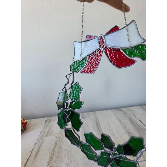 Vintage large 14" stained glass wreath hanging Xmas heavy decor - Picture 4 of 9